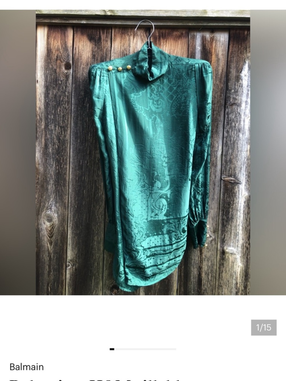 Balmain Emerald 100% Silk Jacquard Top with Gold Button detail on one shoulder.